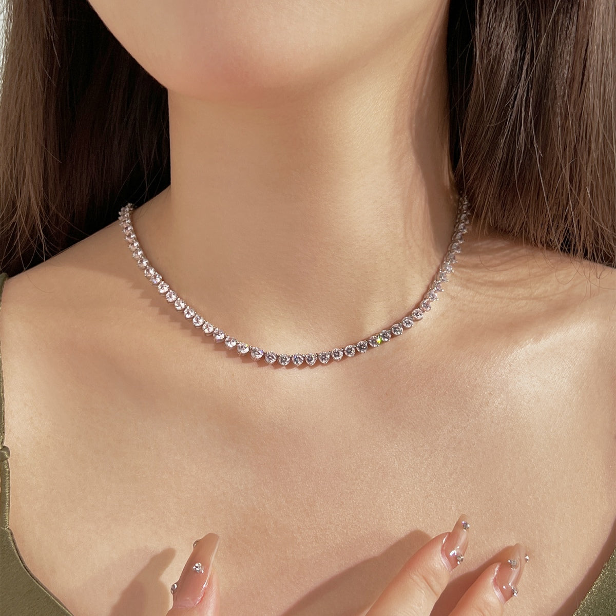 [baslovejewels]Verzierte Tenniskette mit Herzschliff