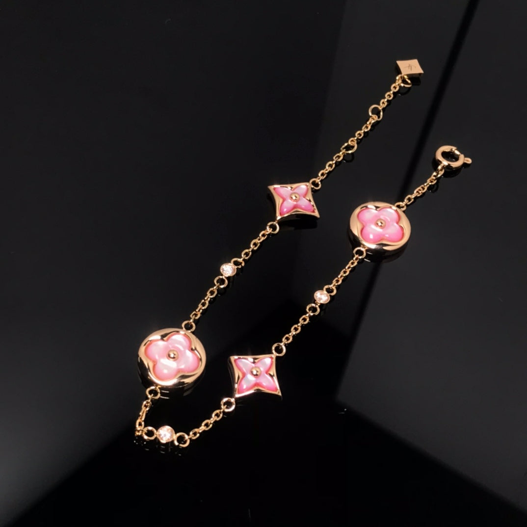 [baslovejewels]Armband mit Stern und Sonne, 4 Motive, rosa Perlmutt, Roségold 