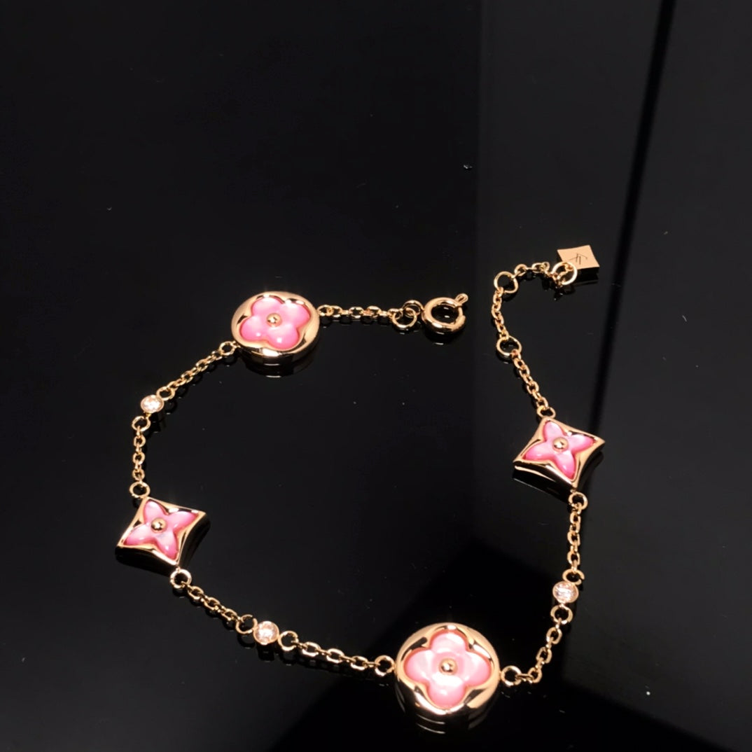 [baslovejewels]Armband mit Stern und Sonne, 4 Motive, rosa Perlmutt, Roségold 